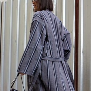 Natural Linen Robe, Bohemian Lightweight Bathrobe with Gift Box, Striped Gray Jacket, Cotton House Wear, Loose Kimono, Hippie Duster Coat