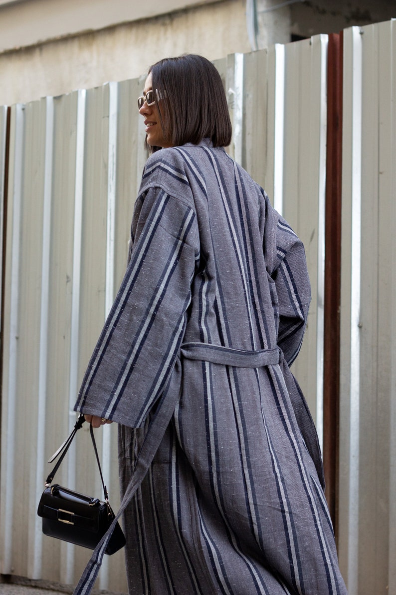 Natural Linen Robe, Bohemian Lightweight Bathrobe with Gift Box, Striped Gray Jacket, Cotton House Wear, Loose Kimono, Hippie Duster Coat