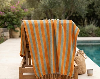 Narenciye Orange Sage Striped Turkish Towel, Large Bath Throw, Quick-Dry Beach Blanket, Cotton-Linen Tablecloth