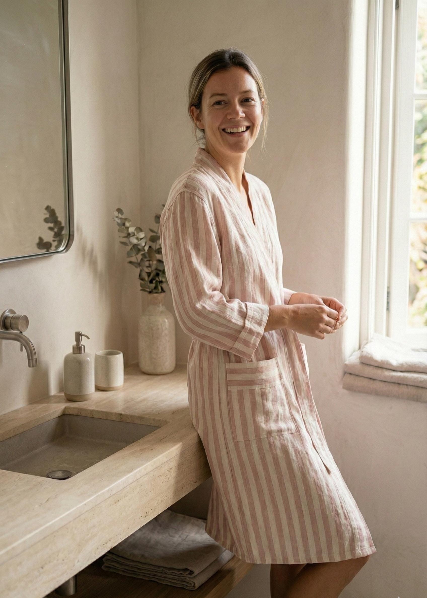 green and pink striped dressing gown Stripe Borg Dressing Gown in Pink & Green main image 1
