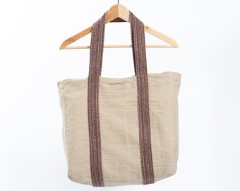 Linen Handcrafted Beige Tote Bag, Natural Linen Beach Bag, Linen Shoulder Bag, Handmade Shopping Bag, Organic Tote Bag, Christmas Gift
