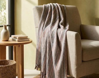 Likya Striped Turkish Towel, Handwoven Cotton Linen Bath Towel, Rust Blue Beach Blanket, Boho Picnic Throw, Housewarming Gift