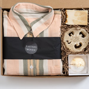 Pajamas Gift Set, Linen Loungewear Short Set, Christmas Gift Box, Striped Housewear for Gift, Girlfriend Gift Ideas, Pajamas for Bridesmaids