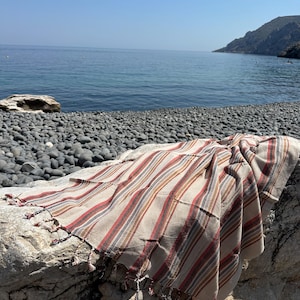 Red Striped Turkish Towel, Beige Linen Cotton Blanket Throw, Soft Beach Towel, Multicolor Striped Sarong, Linen Cotton Bath Towel