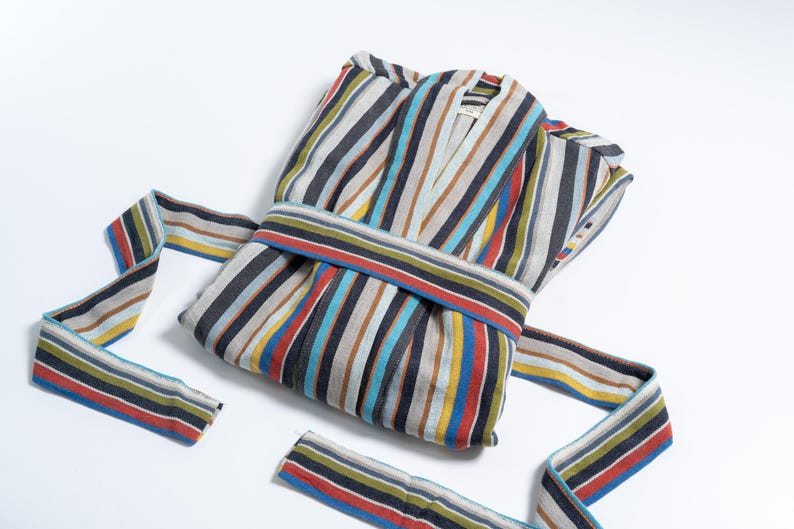 Birgi Striped Linen Cotton Robe, Lightweight Bathrobe , Boho Loungewear ...