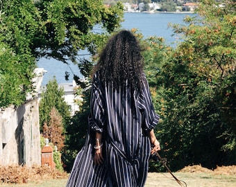 Navy Blue Linen Cotton Kimono With Gift Box Bathrobe, Ethnic &  Modern Blend Casual Cardigan, Soft Striped Loungewear, Unisex Home Wear Gift