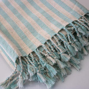 May include: A woven textile featuring alternating vertical stripes in light turquoise and off-white. The fabric edge is finished with a series of twisted fringe tassels that incorporate both the turquoise and off-white thread colours throughout.