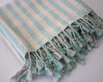 Girit Sea Blue Turkish Towel – Cotton Linen Peshtemal – Aqua Striped Bath & Hand Towel – Beach Spa Travel Towels