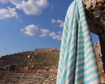 Blue striped Cunda Turkish towel