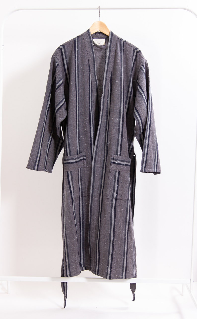 Natural Linen Robe, Bohemian Lightweight Bathrobe with Gift Box, Striped Gray Jacket, Cotton House Wear, Loose Kimono, Hippie Duster Coat