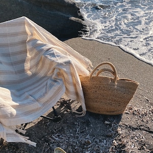 Beach Blanket Peshtemal, Lightweight Striped Picnic Throw Shawl, Beige Bronze Cotton Linen Turkish Towel, Mothers Day Gift, Wedding Present