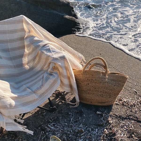 Beach Blanket Peshtemal, Lightweight Striped Picnic Throw Shawl, Beige Bronze Cotton Linen Turkish Towel, Mothers Day Gift, Wedding Present
