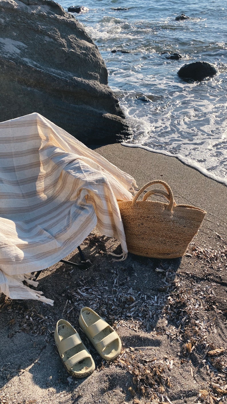 Beach Blanket Peshtemal, Lightweight Striped Picnic Throw Shawl, Beige Bronze Cotton Linen Turkish Towel, Mothers Day Gift, Wedding Present