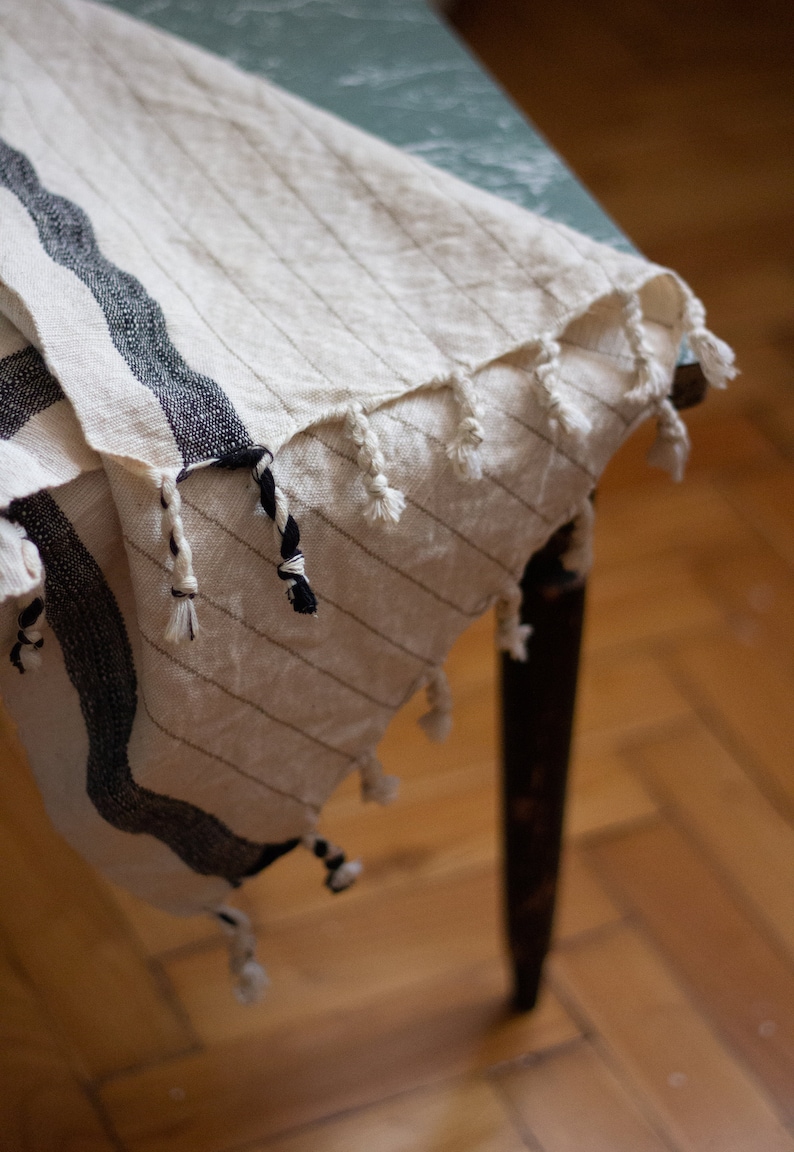 Black Striped Ivory Linen Cotton Hand Towels, Bohemian Kitchen Tea Towel, Neutral Handwoven Peshkir, Zero Waste Housewarming Christmas Gift