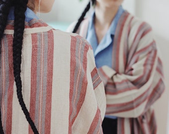 Lightweight Robe, Boho Soft Bathrobe, Duster Coat, Red Striped Jacket, Gift Box for Her, Loungewear Gift Set, Linen Cotton Cardigan