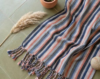 Lalezar Turkish Towel, Blue Striped Cotton Linen Peshtemal, Handwoven Beach Towel, Lightweight Bath Towel, Boho Multi Use Throw