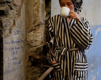 Black Striped Loungewear, Lightweight Bathrobe, Boho Linen Cotton Robe, Stripe Bridesmaid Robe, Cozy Duster Coat, Ethically Made Gift