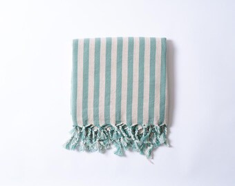 CLEARANCE-Mint Green Striped Turkish Towel – Birthday Gift for Her, Linen Cotton Peshtemal, Beach Blanket, Picnic Throw, Travel Essentials