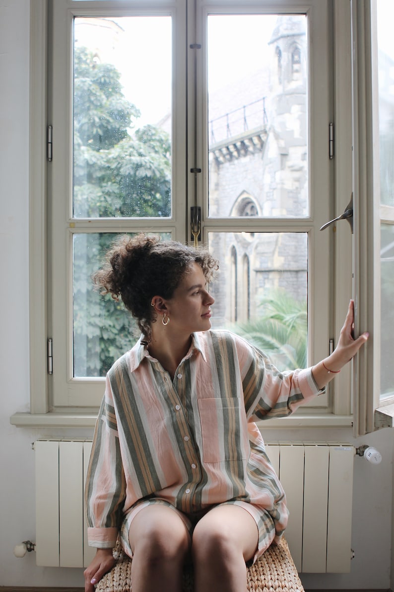 Pajamas Gift Set, Linen Loungewear Short Set, Christmas Gift Box, Striped Housewear for Gift, Girlfriend Gift Ideas, Pajamas for Bridesmaids