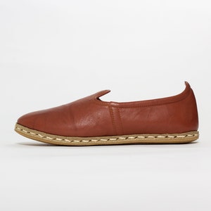 Men Brown Color Leather Slip Ons, Hand Stitched Turkish Yemeni Flats, Handmade Loafers for Summer, Ethnic Shoes, Unique Gift for Birthday