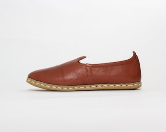 Men Brown Color Leather Slip Ons, Hand Stitched Turkish Yemeni Flats, Handmade Loafers for Summer, Ethnic Shoes, Unique Gift for Birthday