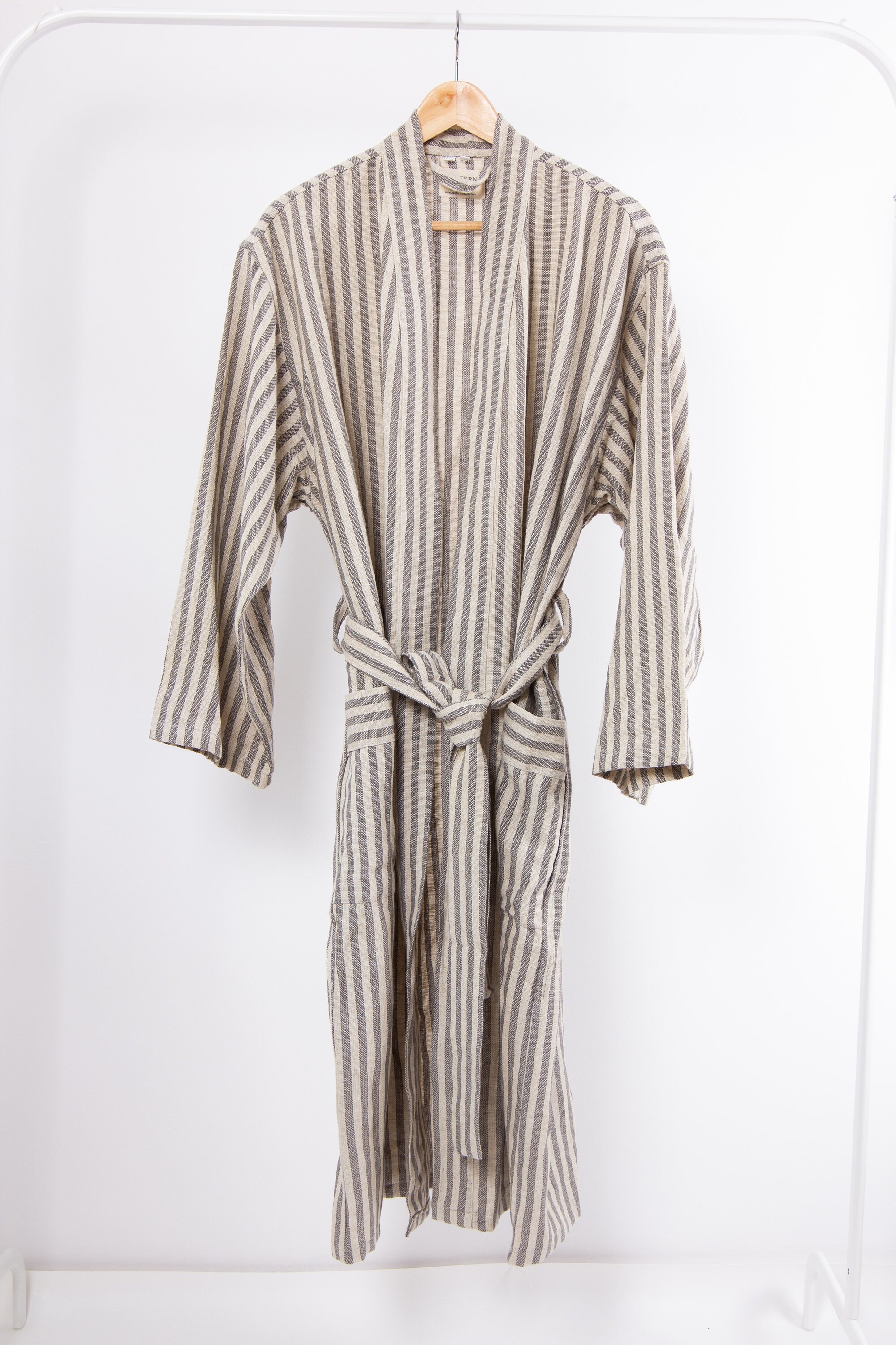 Striped Lightweight Robe Linen Loungewear Gray Natural Etsy UK