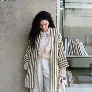 CLEARANCE-Classic Short Robe, Khaki Striped Kimono Robe, Natural Lightweight Bathrobe, Haki Linen Robe, Cream Stripe Loungewear.