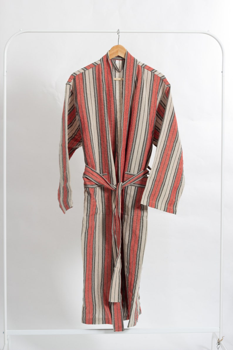 Unique Christmas Gift Newlywed Best Friend Gifts Unisex Lightweight Linen Cotton Robe Duster Coat Red Beige Black Striped Turkey Bathrobe