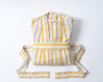 Ereniko Robe – Yellow & Sage Striped Cotton Linen Bathrobe, Lightweight Turkish Robe, Unisex Spa Robe, Quick Dry