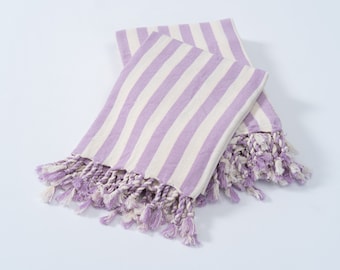 Lilac Linen Cotton Towel, Luxury Bath Towel Set, Lilac Striped Throw Blanket, Linen Table Cloth, Lilac Turkish Towel Set, Bridesmaid Gift