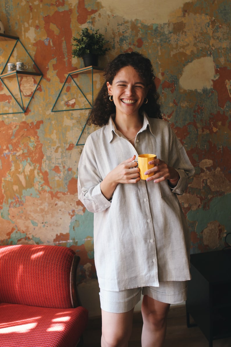 Pajamas Gift Set, Linen Loungewear Short Set, Christmas Gift Box, Striped Housewear for Gift, Girlfriend Gift Ideas, Pajamas for Bridesmaids