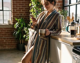 Birgi Striped Linen Cotton Robe, Lightweight Bathrobe , Boho Loungewear , Unisex Spa Robe , Cozy Duster Coat