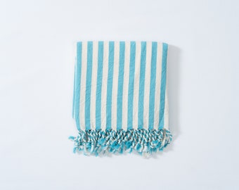 Blue Large Towel for Beach, Beach Blanket with Striped Color, Turquoise Lightweight Linen Towel, Blue Striped Table Throw, Wedding Present