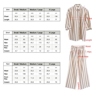 May include: A size chart for a shirt, short, and pant with measurements in inches and centimeters. The chart shows the measurements for small/medium, medium/large, and X-large sizes.