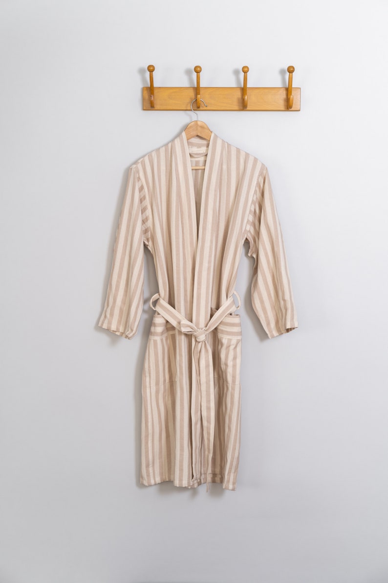 Natural Linen Robe, Classic Long Robe, Khaki and Cream Striped Bathrobes, Green Linen Cotton Loungewear, Natural Lightweight Gown