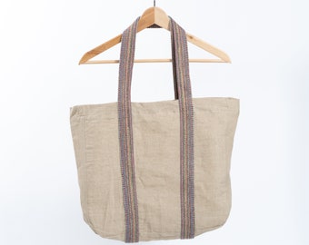 Linen Handcrafted Tote Bag, Natural Linen Beach Bag, Linen Shoulder Bag, Handmade Shopping Bag, Eco-friendly Tote Bag, Christmas Gift