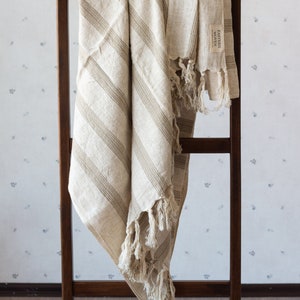 Beach Blanket Peshtemal, Lightweight Striped Picnic Throw Shawl, Beige Bronze Cotton Linen Turkish Towel, Mothers Day Gift, Wedding Present