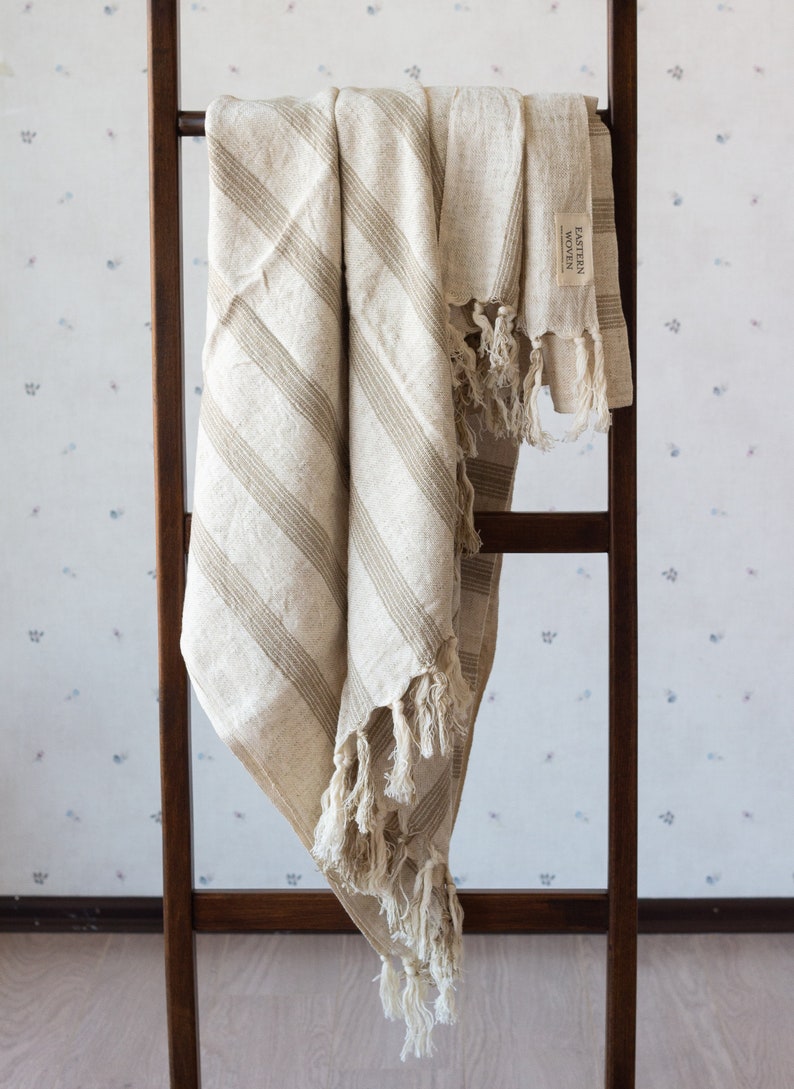 Beach Blanket Peshtemal, Lightweight Striped Picnic Throw Shawl, Beige Bronze Cotton Linen Turkish Towel, Mothers Day Gift, Wedding Present