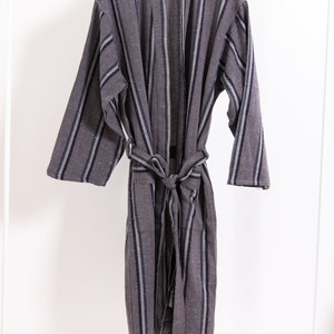 Natural Linen Robe, Bohemian Lightweight Bathrobe with Gift Box, Striped Gray Jacket, Cotton House Wear, Loose Kimono, Hippie Duster Coat