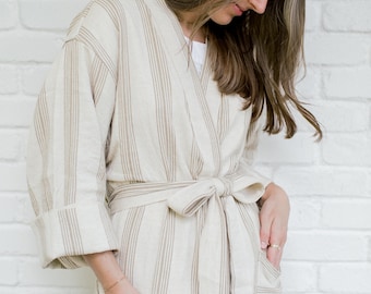 Linen Cotton Kimono Robe, Boho Christmas Gift, Striped Loungewear, Luxurious Bridesmaid Robe Present, Lightweight Bathrobe, Cozy Duster Coat