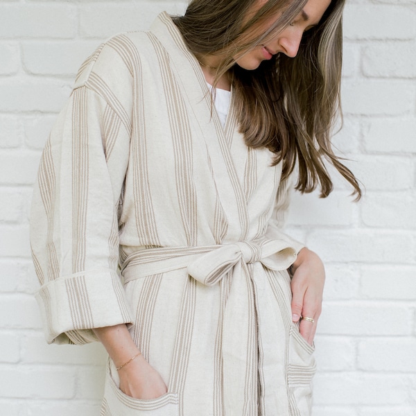 Linen Cotton Kimono Robe, Boho Christmas Gift, Striped Loungewear, Luxurious Bridesmaid Robe Present, Lightweight Bathrobe, Cozy Duster Coat