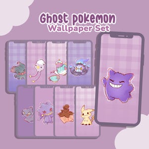 May include: A set of digital phone wallpapers featuring various Ghost Pokémon characters. The wallpapers are displayed on several phone screens, showcasing different designs with a purple and white plaid background. The text "Ghost Pokemon Wallpaper Set" is at the top.