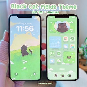 Grüne Felder Katze | Ipad iOS & Android App Icons | Tapete | Mini-Widgets | kawaii (Digitaler download)