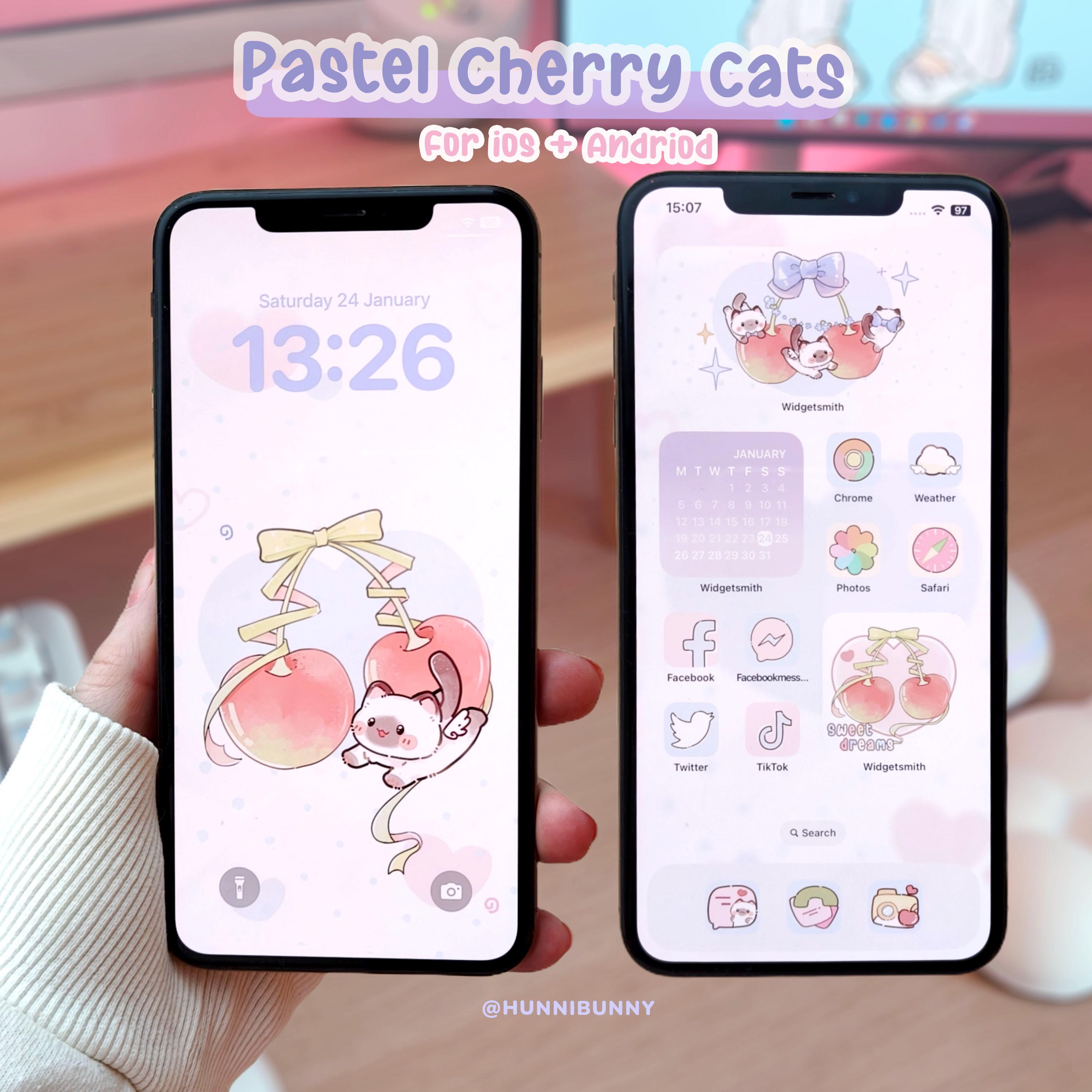 Pastel Cherry Cats | iPad Ios & Android App Icons | Wallpaper | Widgets ...