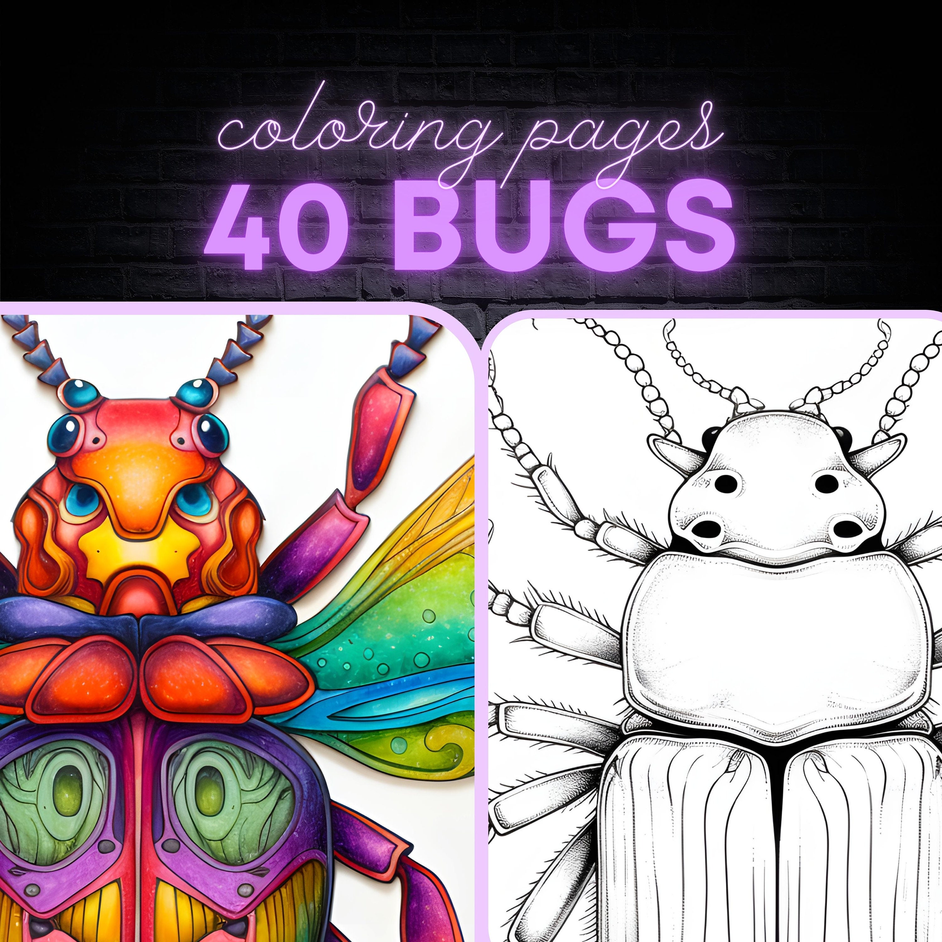 Bugs Printable Coloring Book Digital File With 40 Pages to Color for