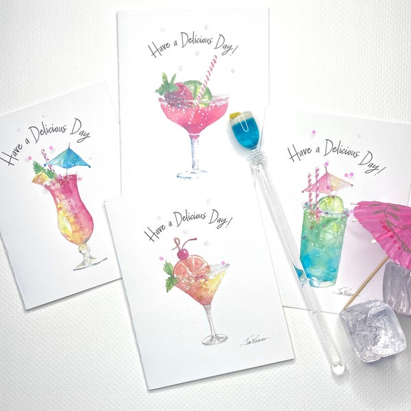Set of 8 watercolor cocktail cards ( 2 each of 4 different cocktails) come with a printed recipe of each particular cocktail.
