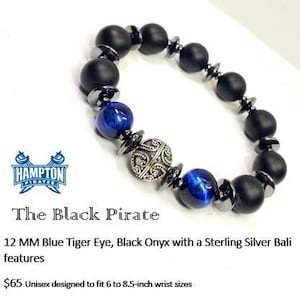 The Hamptonian Black Pirate 12 MM Blue Tiger, Black Onyx, with a Sterling Silver Bali Bead feature