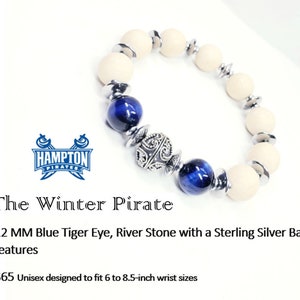 The Hamptonian Winter Pirate 12 MM Blue Tiger, River Stone, with a Sterling Silver Bali Bead feature