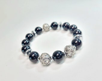 12 MM Black Onyx with Sterling Silver Bali features