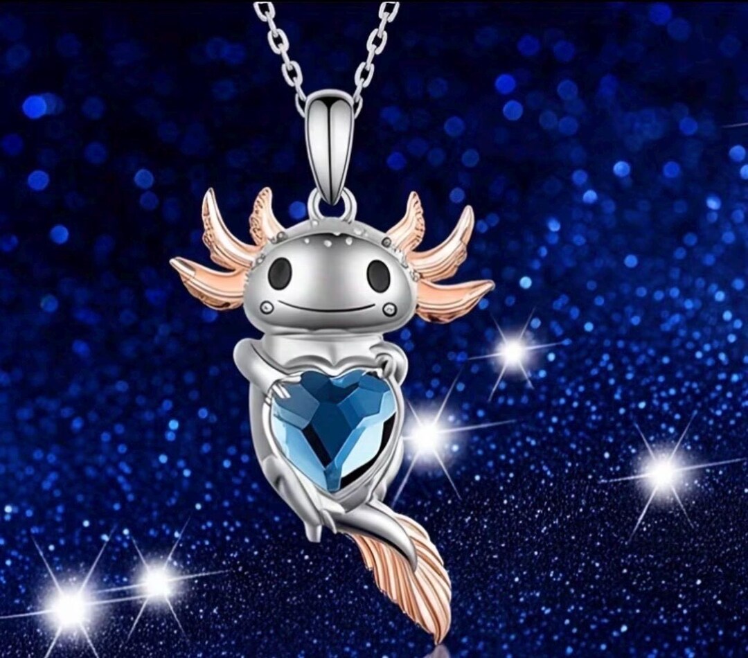 Pink Axolotl Holding a Beautiful Blue Heart Necklace and Chain. - Etsy